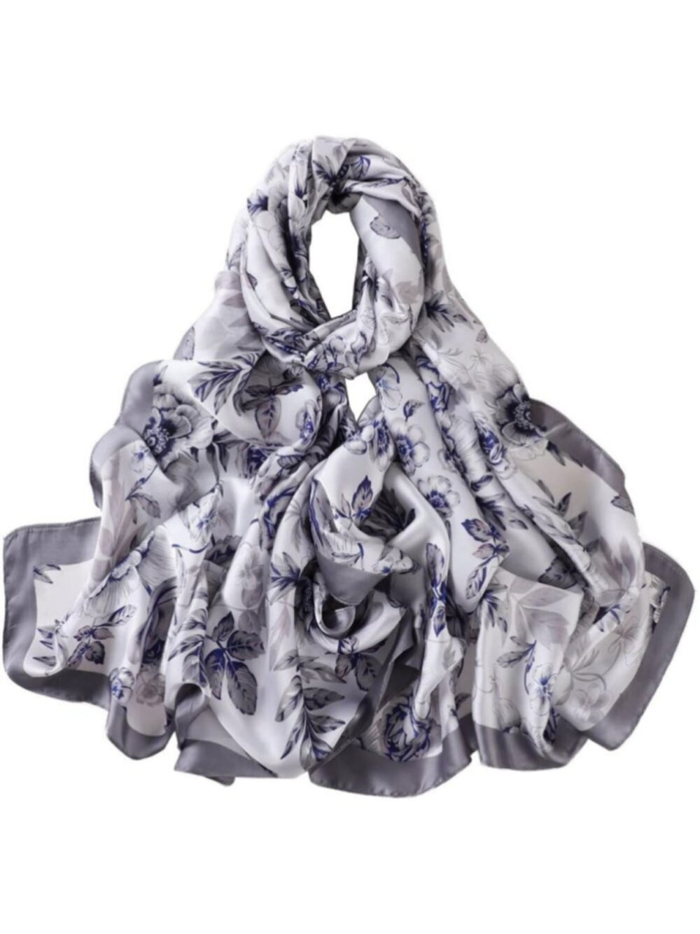 Women's Blue Lightweight Silk Like Scarves Flower Print Head Cotton Wrap Scarf